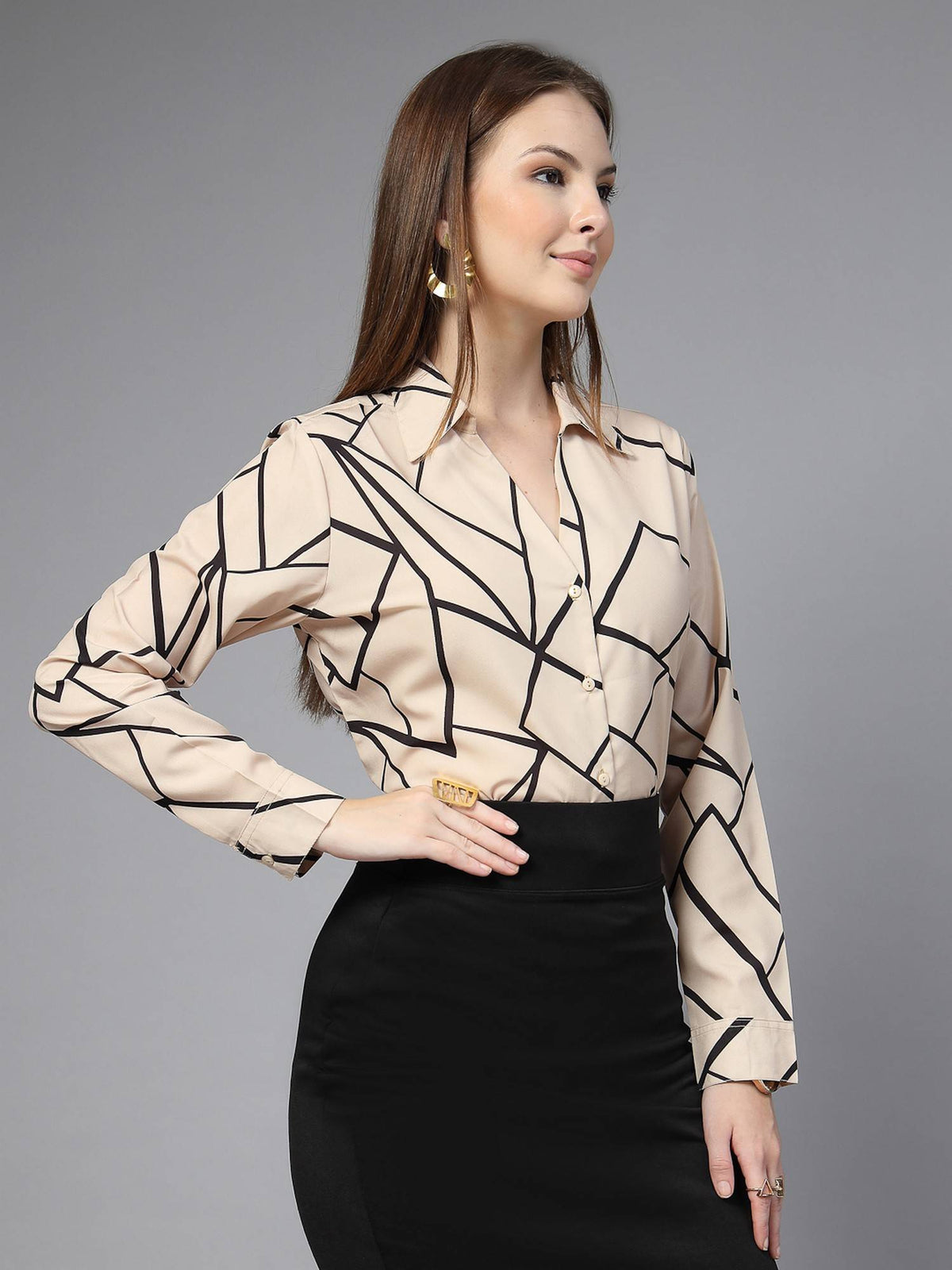 Women Geometric Beige Slim Fit Casual Shirt | S67 - view 4