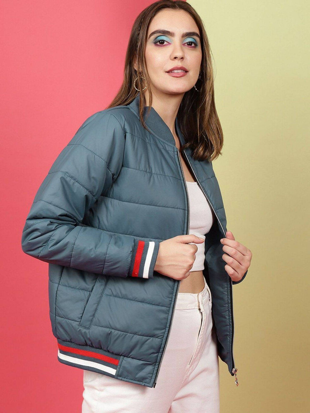 Women Polyester Teal Solid High Neck Jacket | JC78 - view 10
