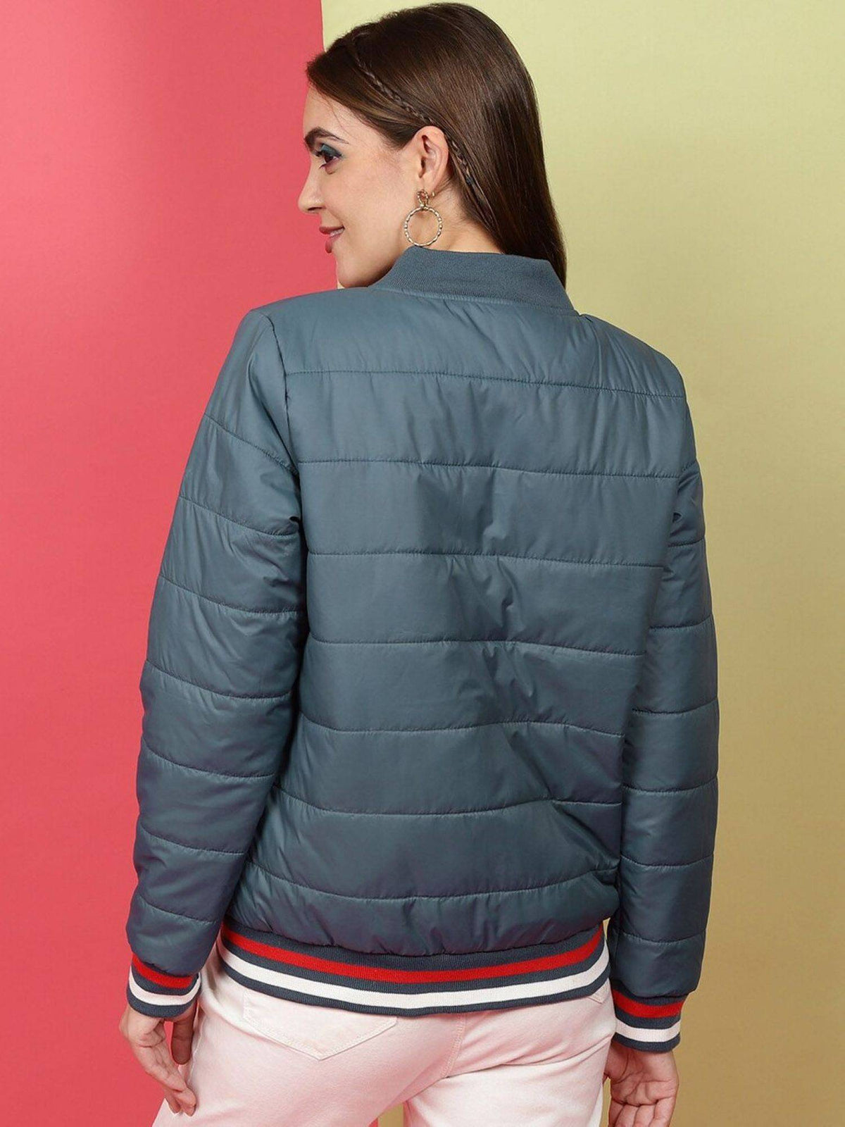 Women Polyester Teal Solid High Neck Jacket | JC78 - view 11