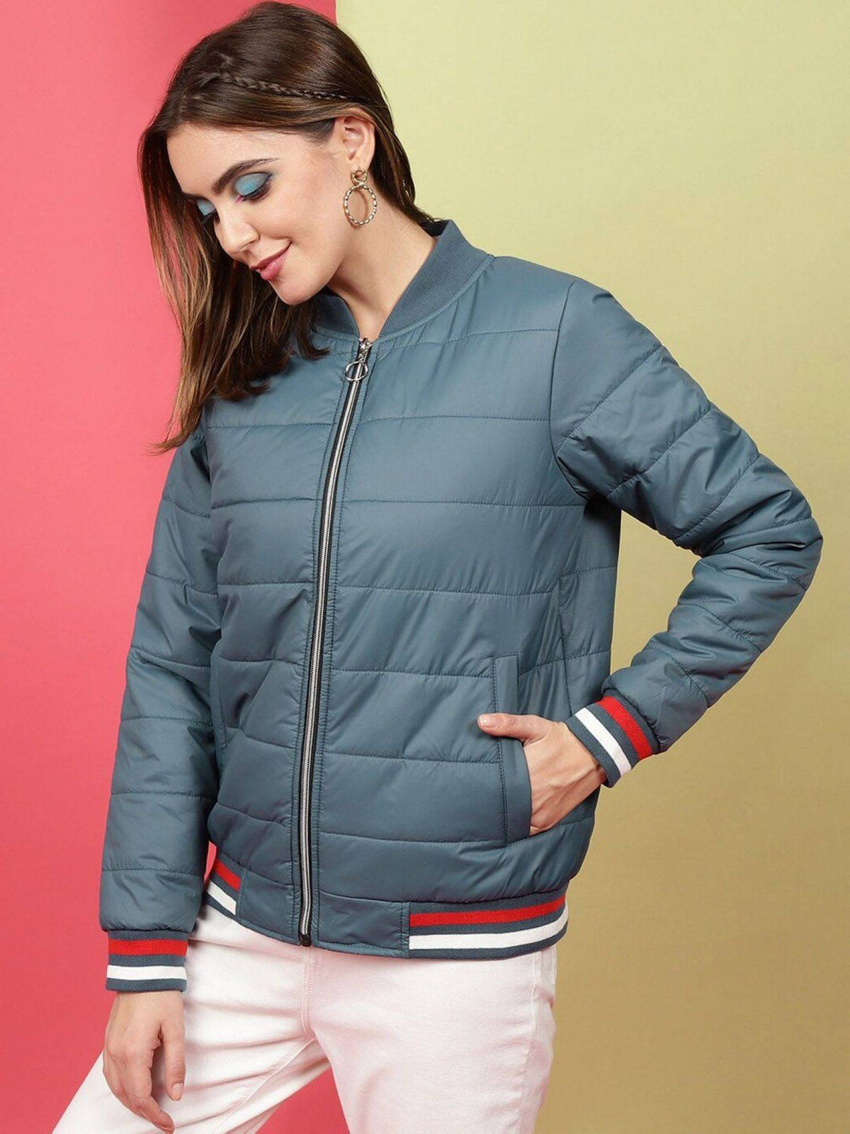 Women Polyester Teal Solid High Neck Jacket | JC78 - view 12