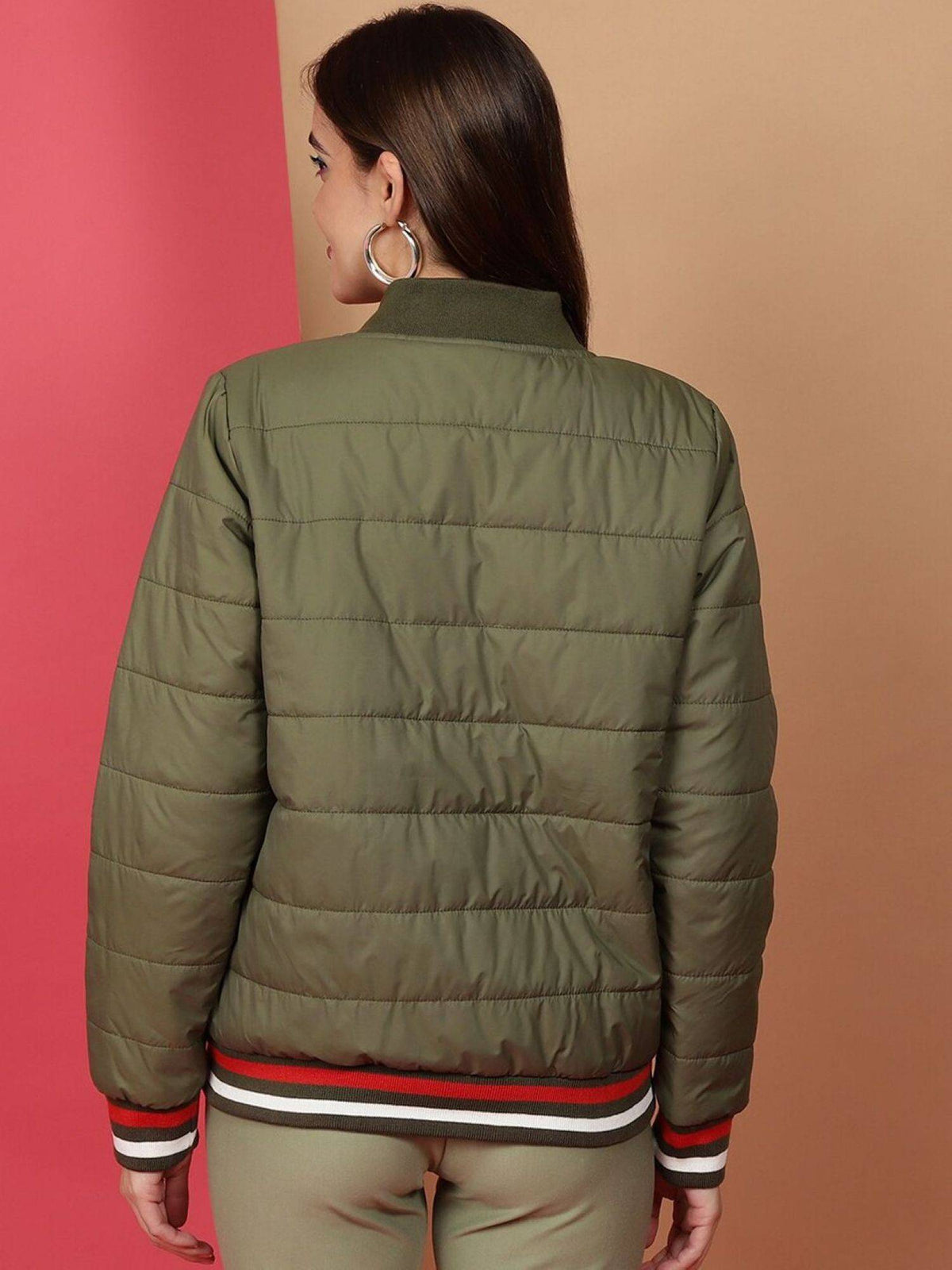 Women Polyester Olive Solid High Neck Jacket | JC78 - view 4