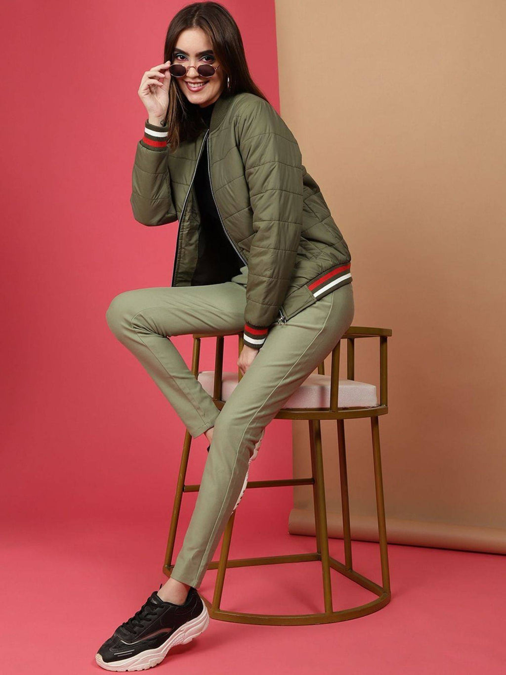 Women Polyester Olive Solid High Neck Jacket | JC78 - view 6