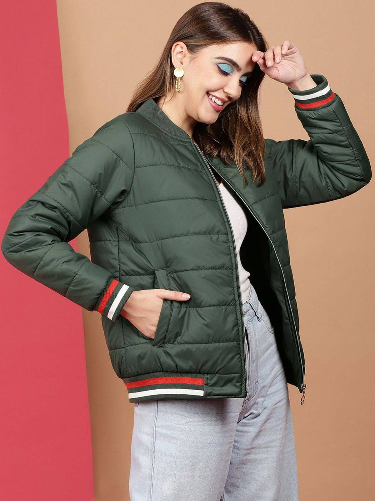 Women Polyester Teal Solid High Neck Jacket | JC78 - view 3