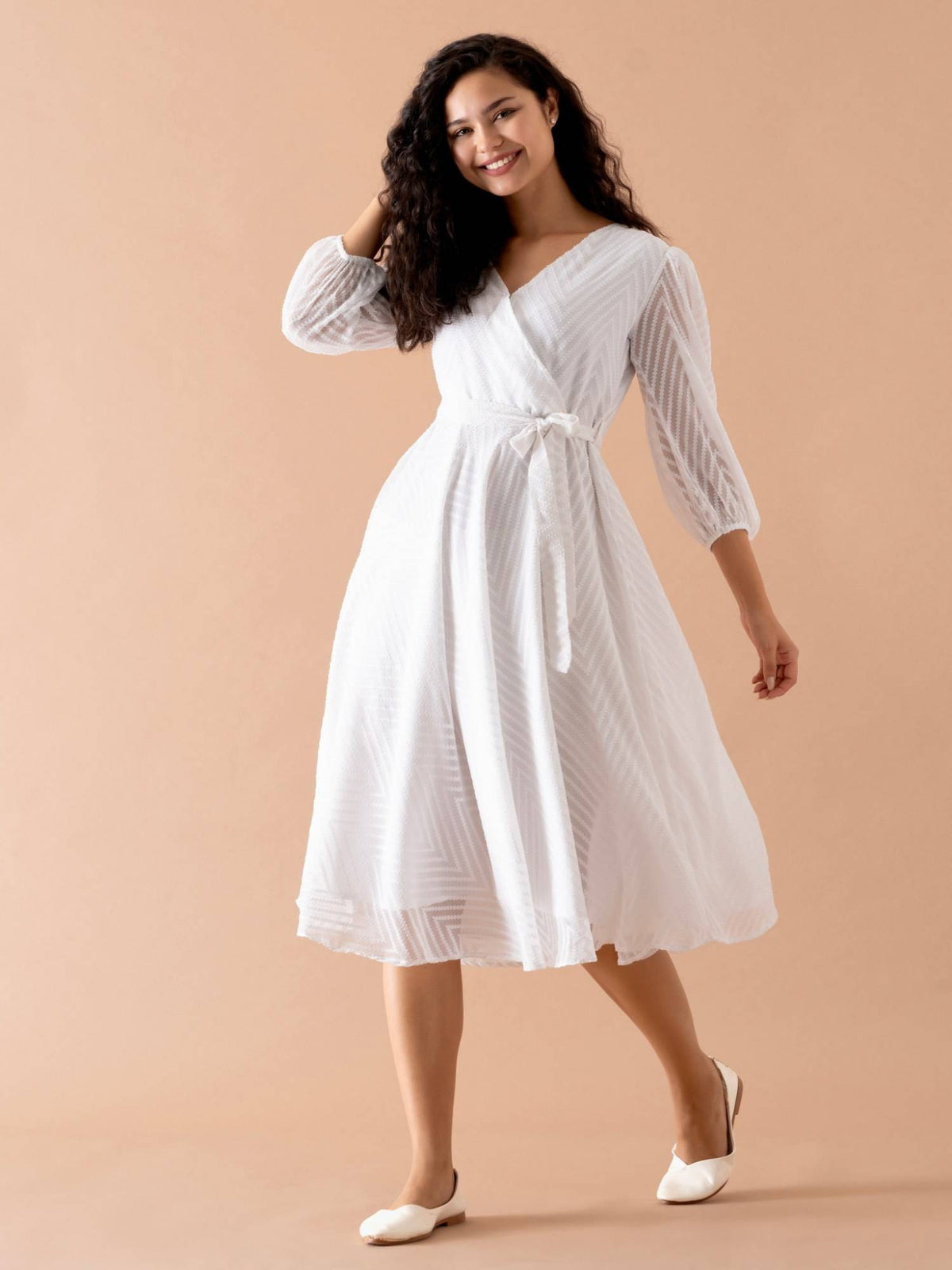 Ask Fancy White Designer Dress with Belt Women (Set of 2) | D56 - view 1