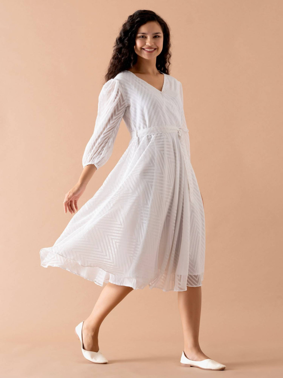 Ask Fancy White Designer Dress with Belt Women (Set of 2) | D56 - view 3