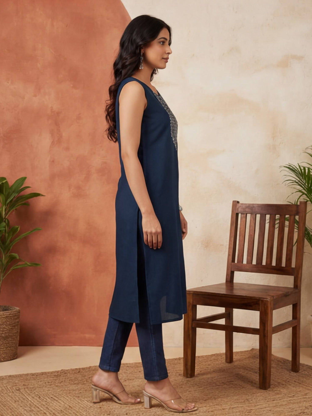 Blue Solid Thread Work Sleeveless Kurta | U3S - view 16