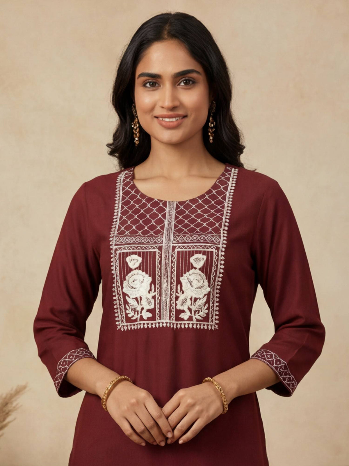 Women Maroon Thread Embroidered Cotton Kurta | U3S - view 5