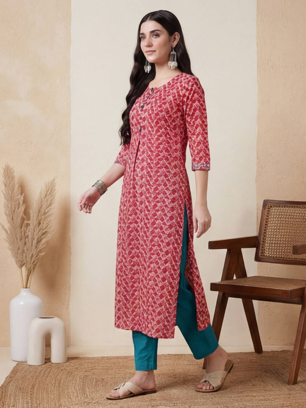 Women Green Geometric Print Pure Cotton Straight Kurta | U3S - view 14