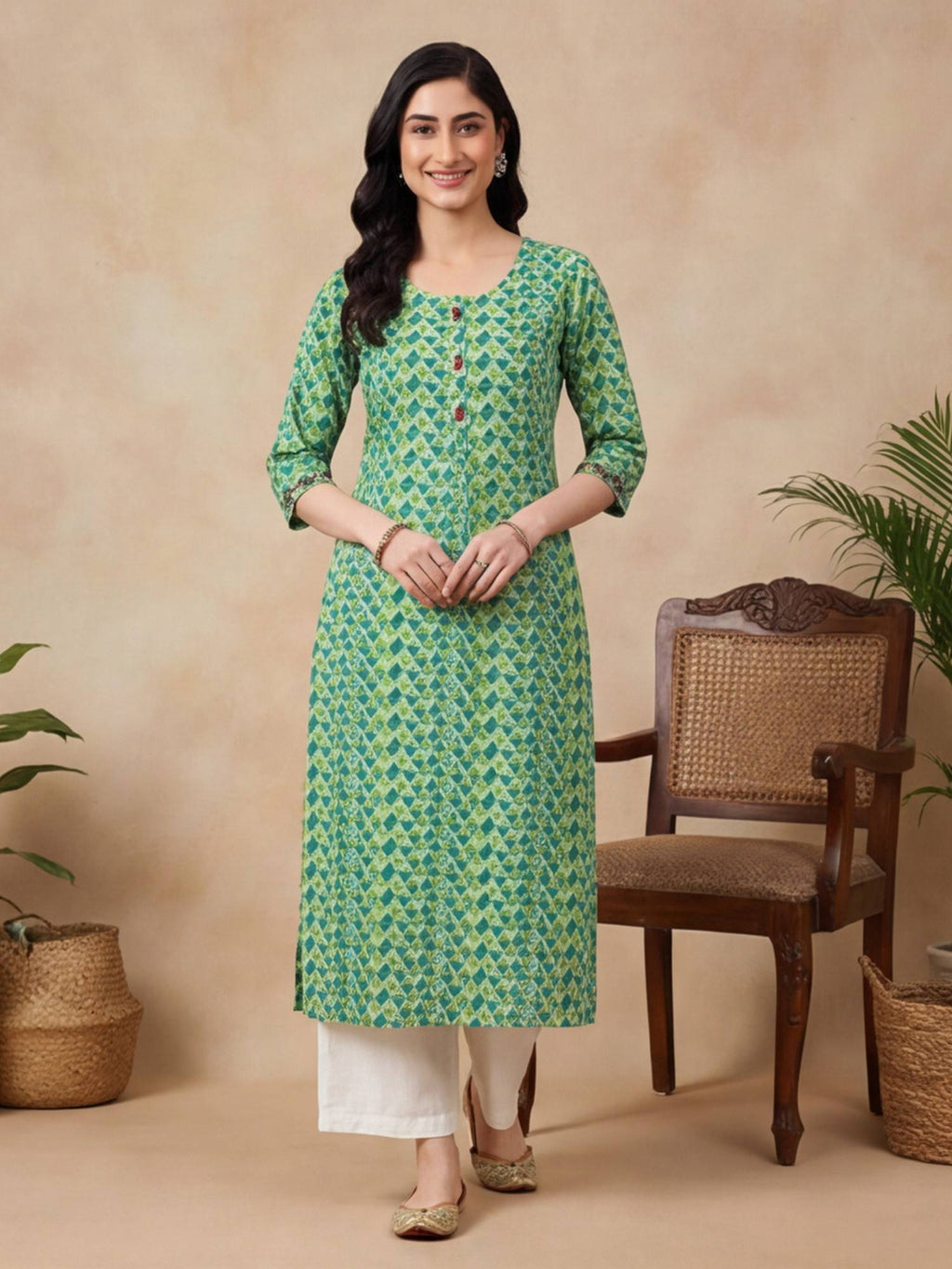 Women Green Geometric Print Pure Cotton Straight Kurta | U3S - view 1