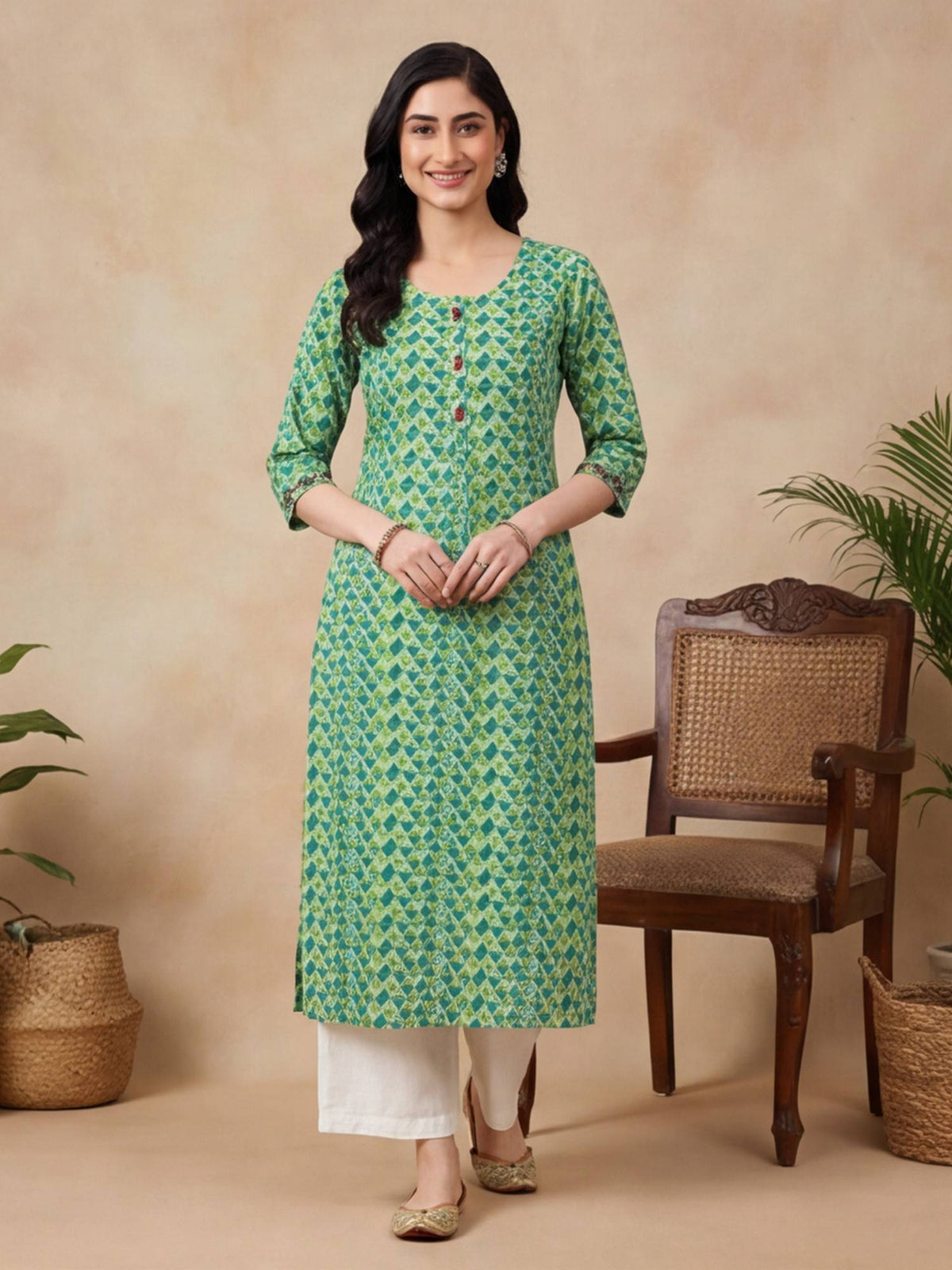 Women Green Geometric Print Pure Cotton Straight Kurta | U3S - view 1