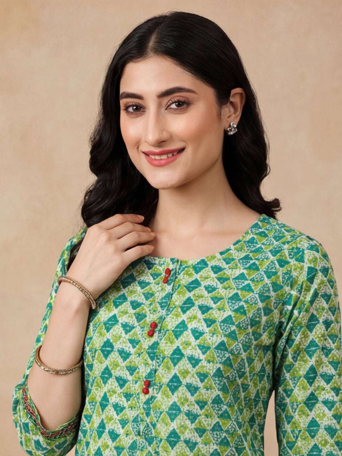 Women Green Geometric Print Pure Cotton Straight Kurta | U3S - view 5