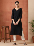 Women Black Woven Design Embroidered Straight Pure Cotton Kurta | KDG - view 1
