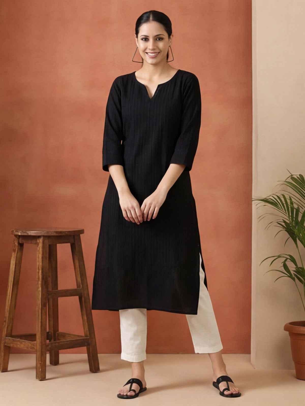 Women Black Woven Design Embroidered Straight Pure Cotton Kurta | KDG - view 1