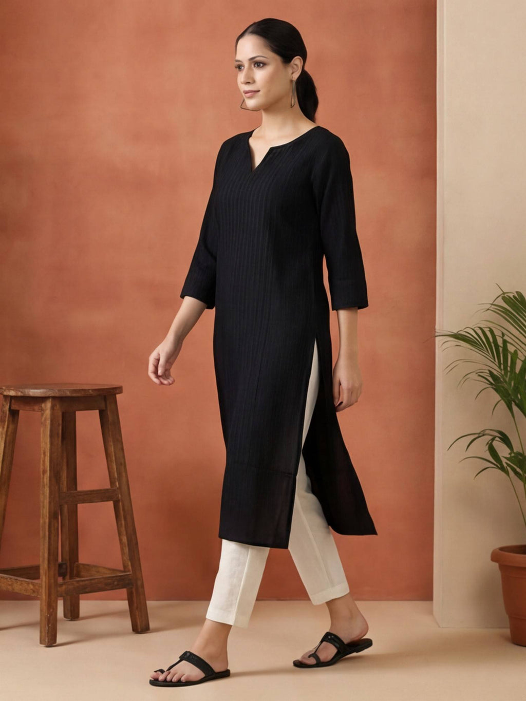 Women Black Woven Design Embroidered Straight Pure Cotton Kurta | KDG - view 2