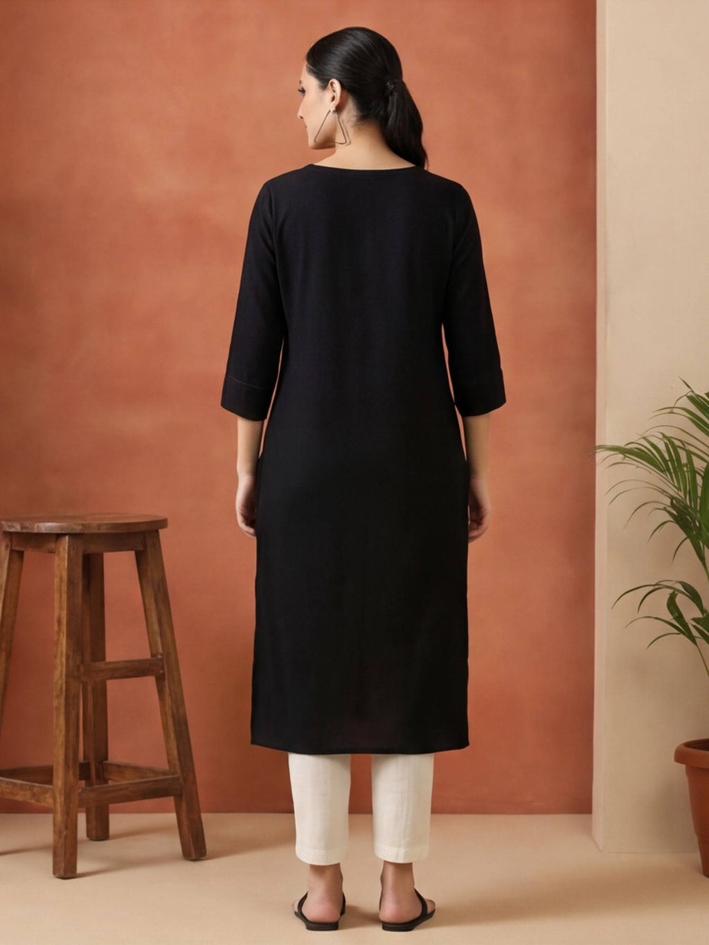 Women Black Woven Design Embroidered Straight Pure Cotton Kurta | FY93 - view 3