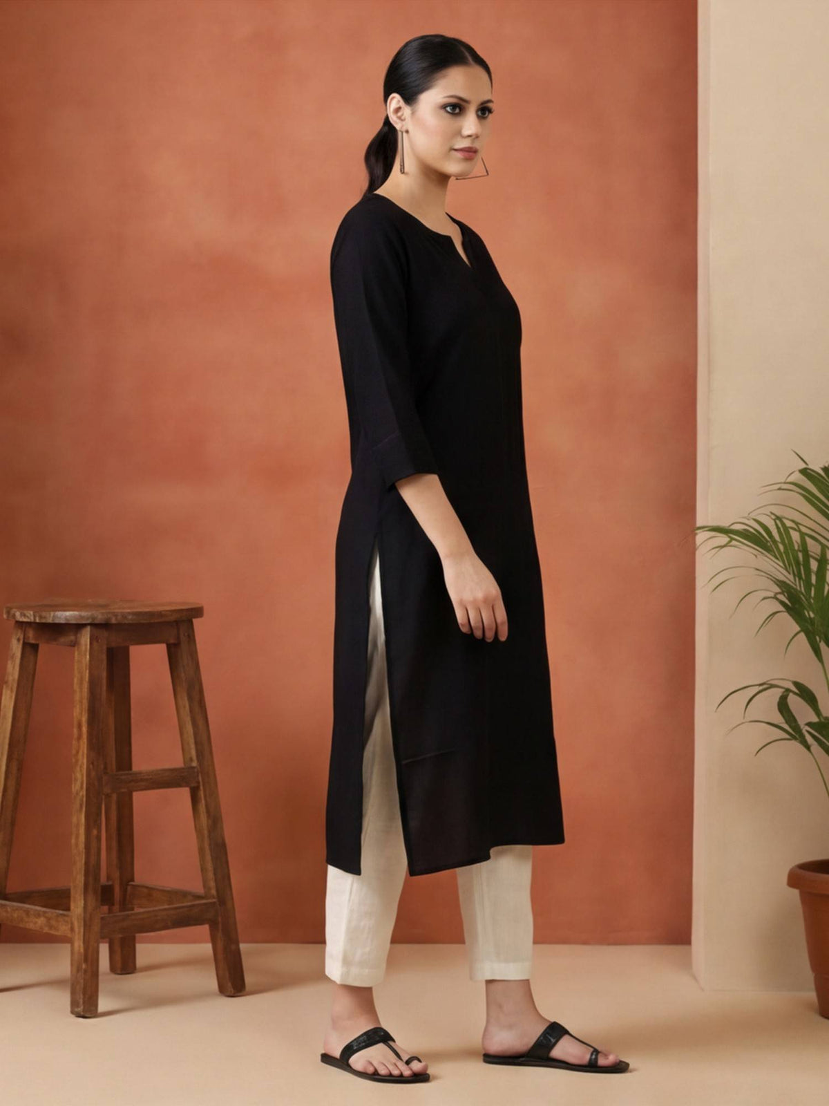 Women Black Woven Design Embroidered Straight Pure Cotton Kurta | FY93 - view 4