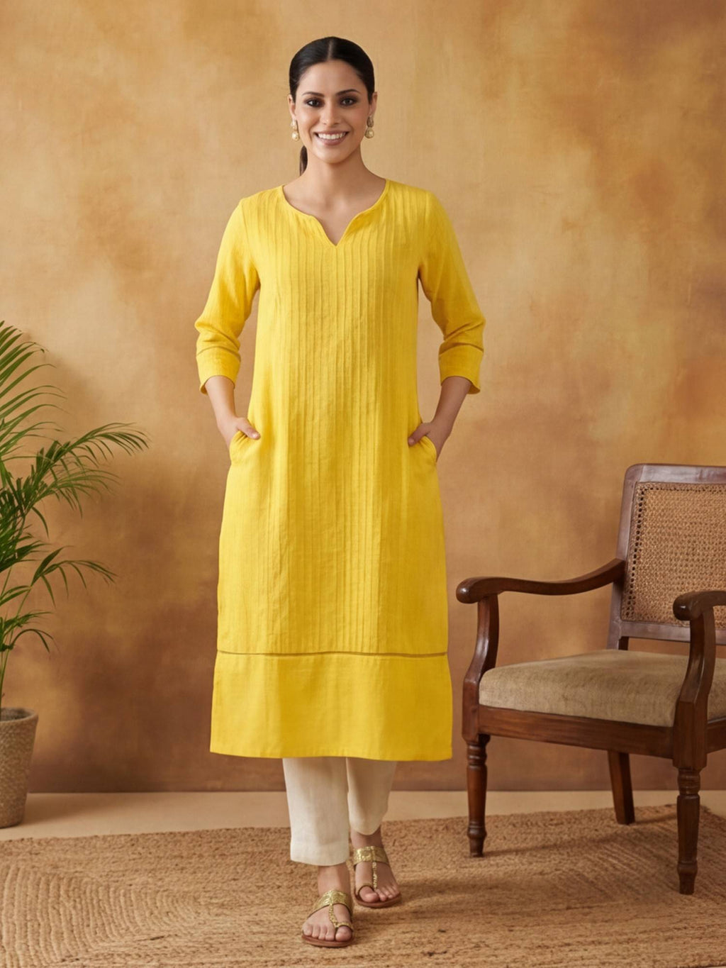 Women Yellow Woven Design Embroidered Straight Pure Cotton Kurta | FY93 - view 1