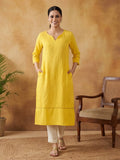 Women Yellow Woven Design Embroidered Straight Pure Cotton Kurta | U3S - view 1