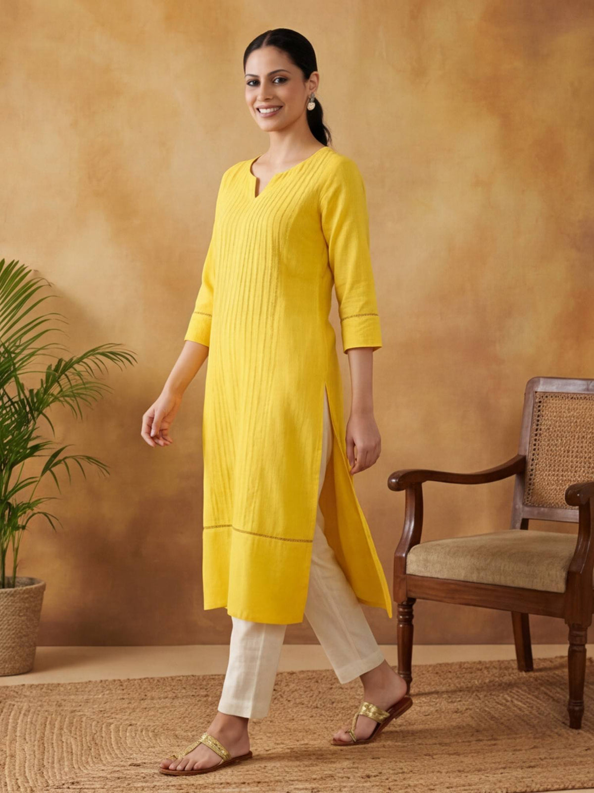Women Yellow Woven Design Embroidered Straight Pure Cotton Kurta | U3S - view 2