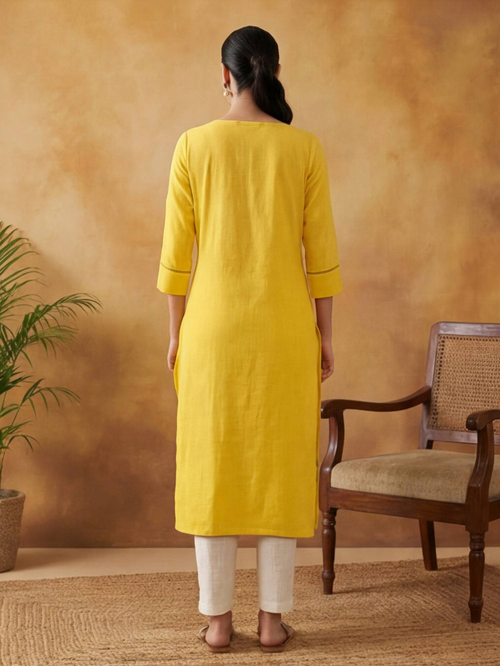Women Yellow Woven Design Embroidered Straight Pure Cotton Kurta | U3S - view 3