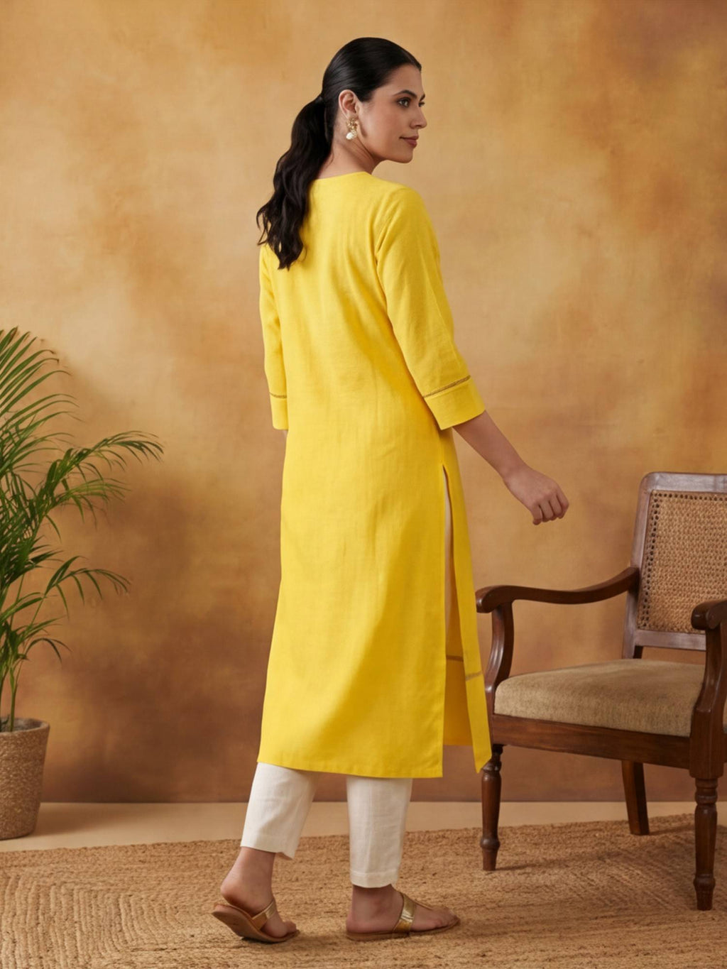 Women Yellow Woven Design Embroidered Straight Pure Cotton Kurta | U3S - view 4