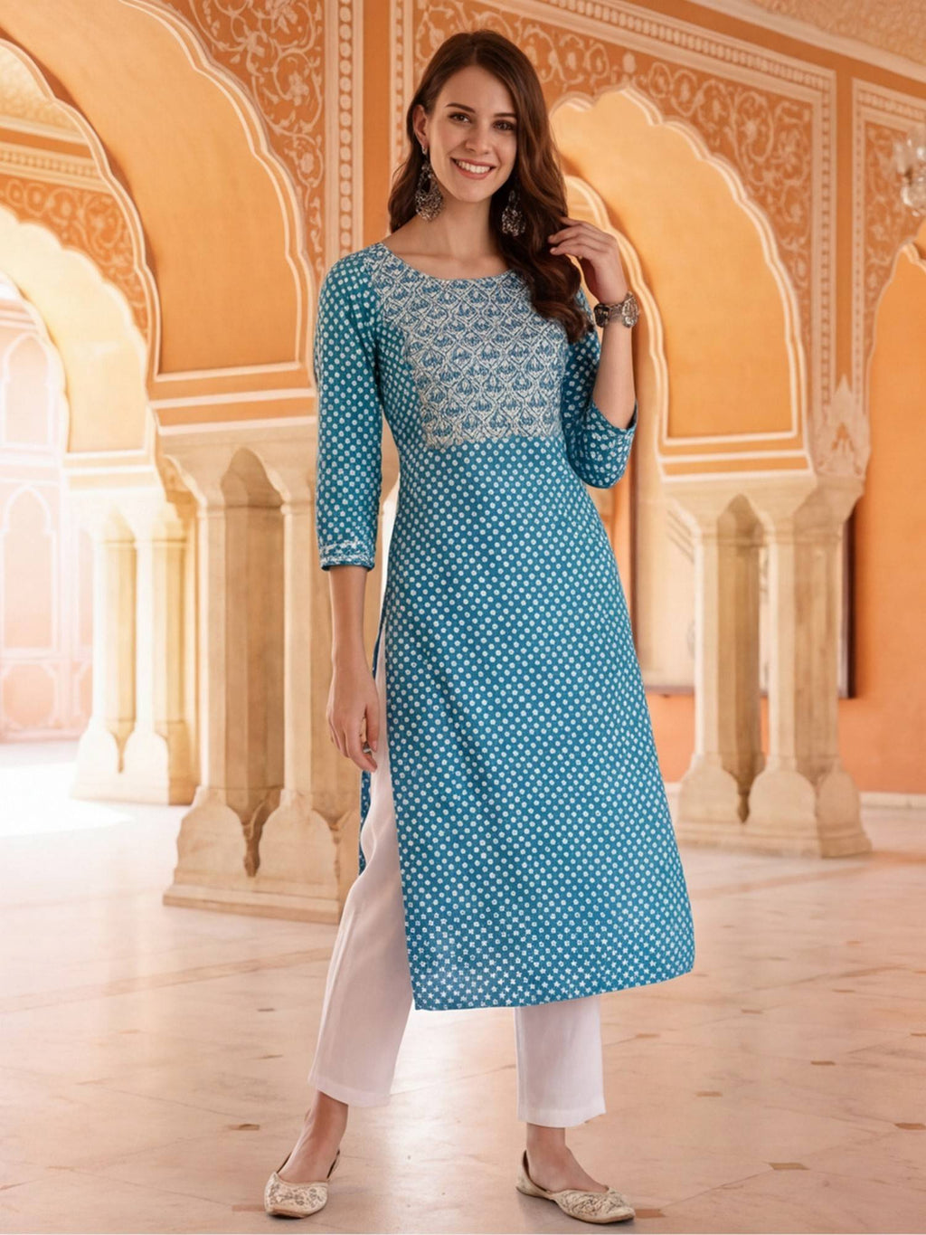Women Yellow Woven Design Embroidered Straight Pure Cotton Kurta | U3S - view 19