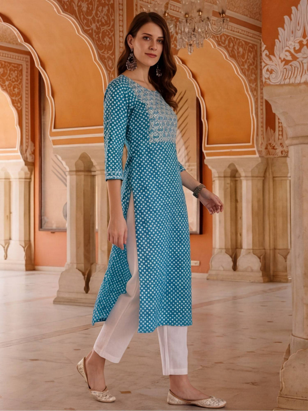 Women Yellow Woven Design Embroidered Straight Pure Cotton Kurta | U3S - view 20