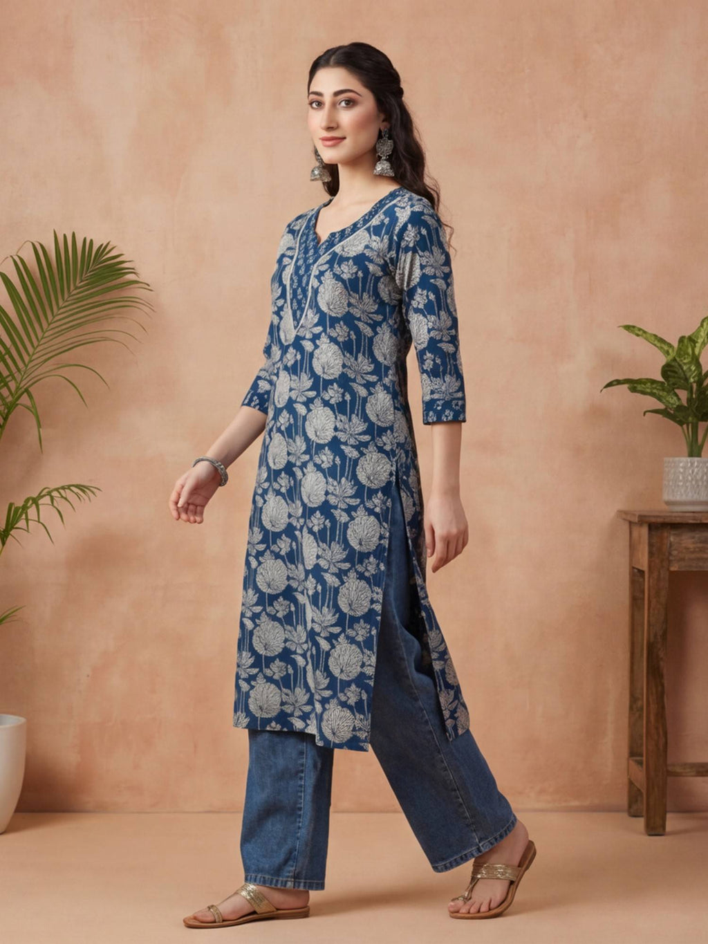 Women Navy Blue Floral Embroidered Straight Pure Cotton Kurta | KDG - view 2