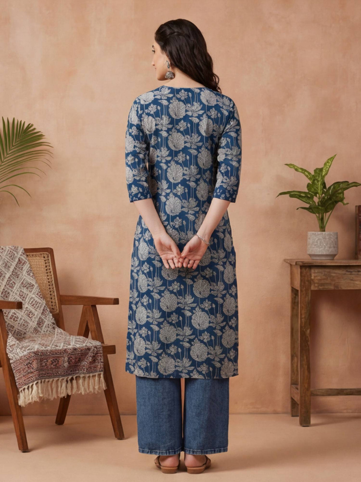 Women Navy Blue Floral Embroidered Straight Pure Cotton Kurta | KDG - view 3