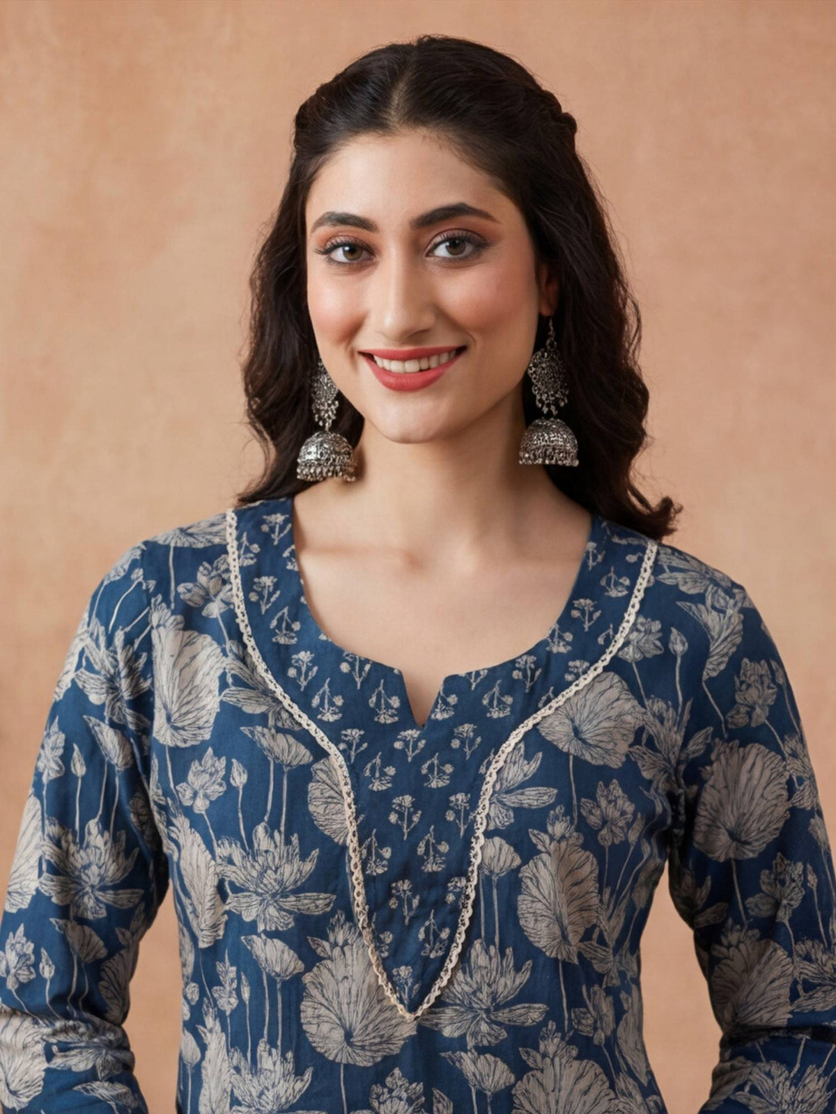 Women Navy Blue Floral Embroidered Straight Pure Cotton Kurta | KDG - view 5