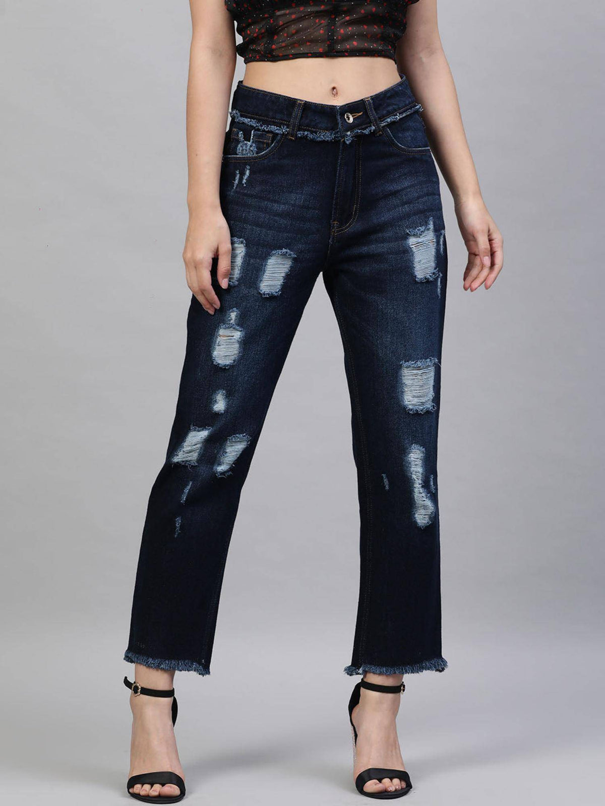 Navy Blue Relaxed Fit Mid Rise Distressed Jeans | RF89 - view 1