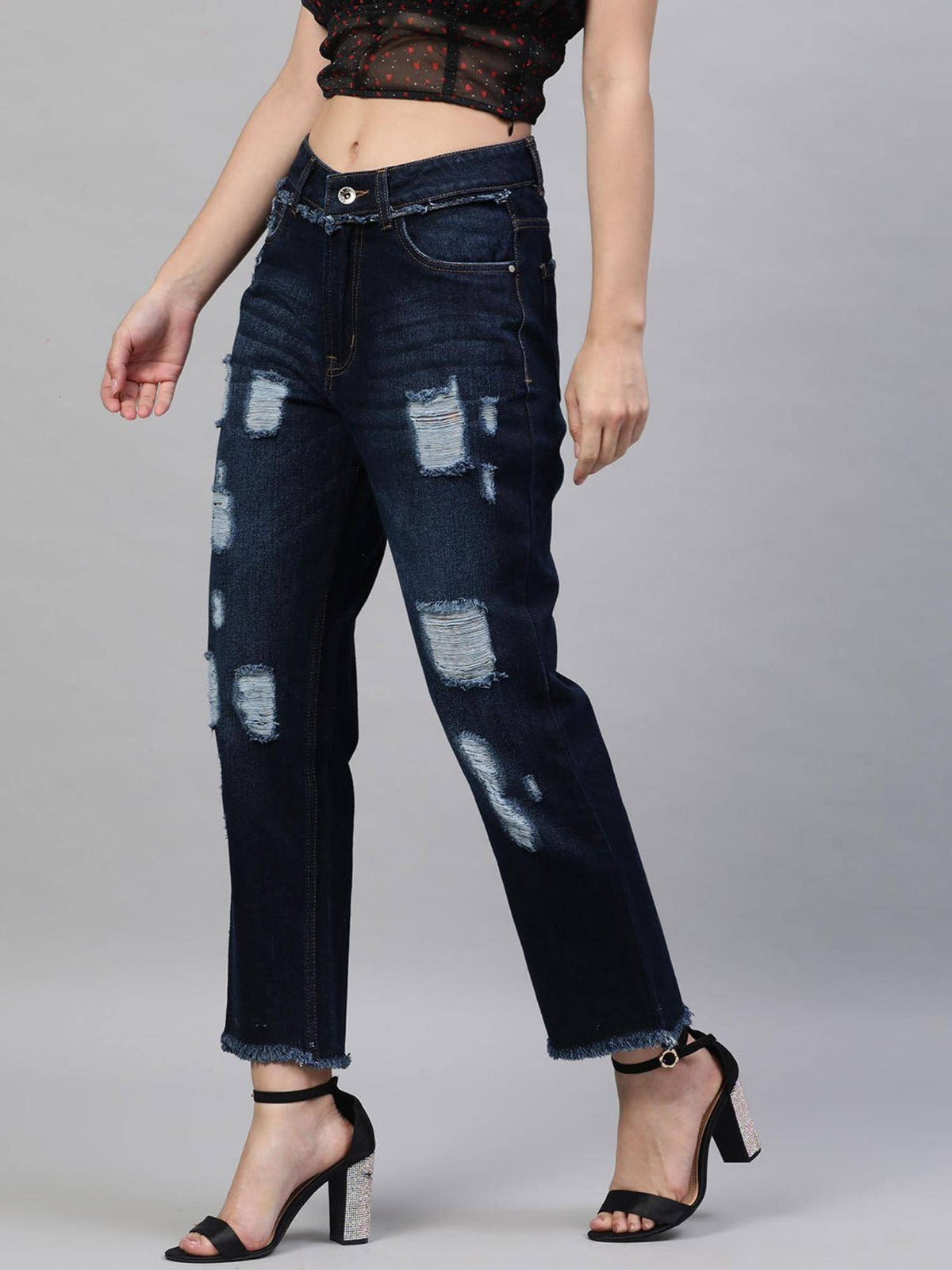 Navy Blue Relaxed Fit Mid Rise Distressed Jeans | RF89 - view 2