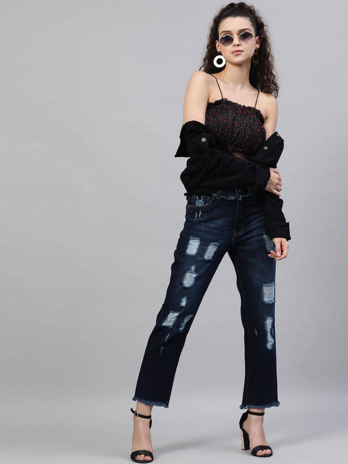 Navy Blue Relaxed Fit Mid Rise Distressed Jeans | RF89 - view 4