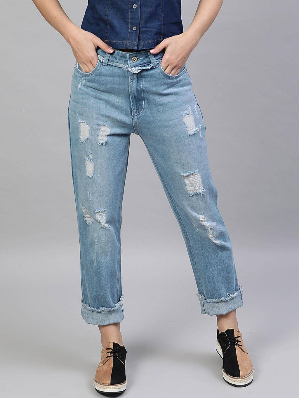 Blue Relaxed Fit Mid Rise Distressed Jeans | RF89 - view 1