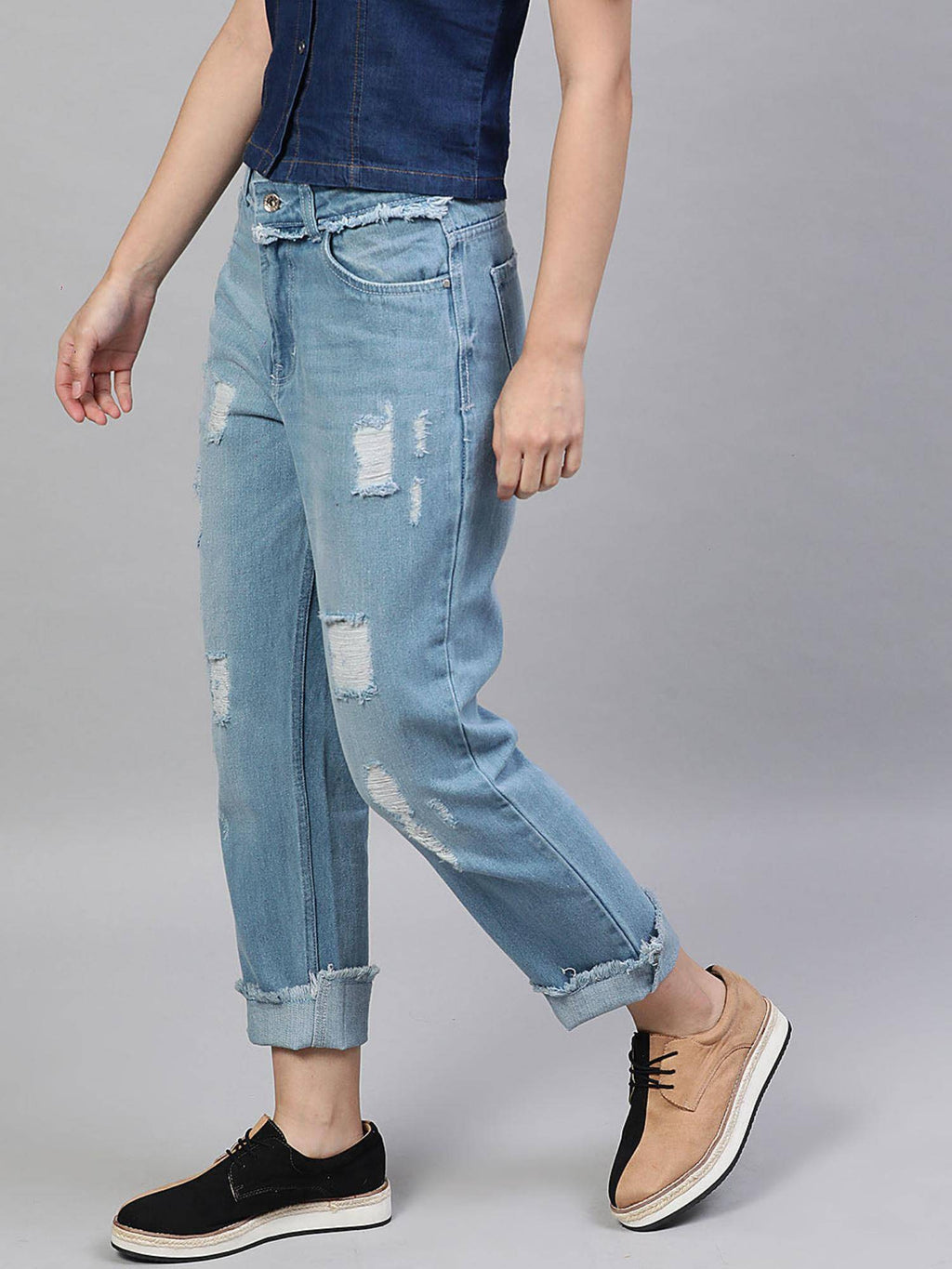Blue Relaxed Fit Mid Rise Distressed Jeans | RF89 - view 2