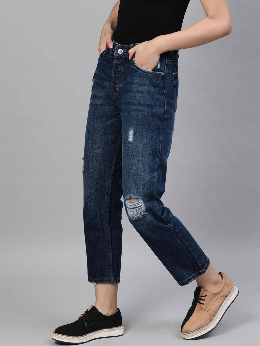 Navy Blue Straight Fit Mid Rise Distressed Jeans | ST23 - view 2