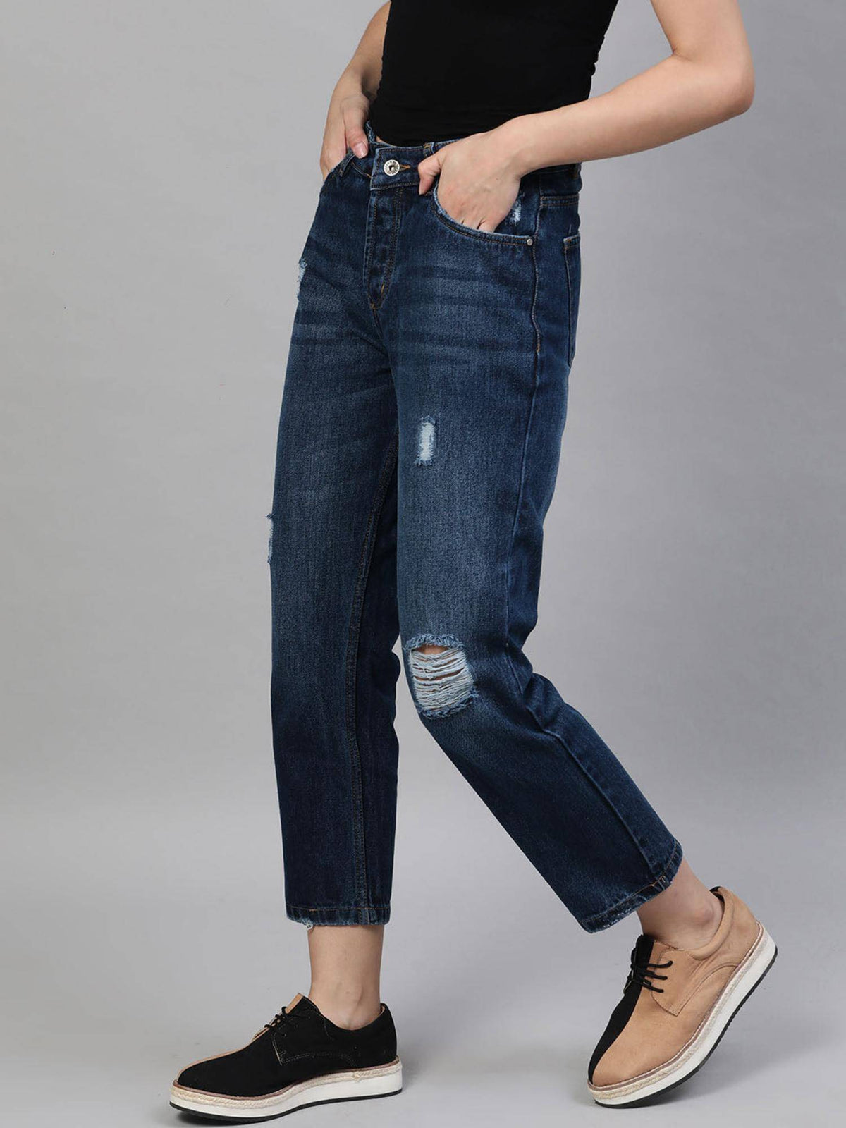 Navy Blue Straight Fit Mid Rise Distressed Jeans | ST23 - view 2