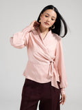 Blush Pink Wrap Neck Bishop Sleeves Peplum Top | pt51 - view 1