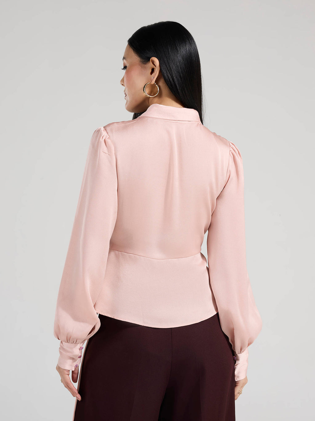 Blush Pink Wrap Neck Bishop Sleeves Peplum Top | pt51 - view 2
