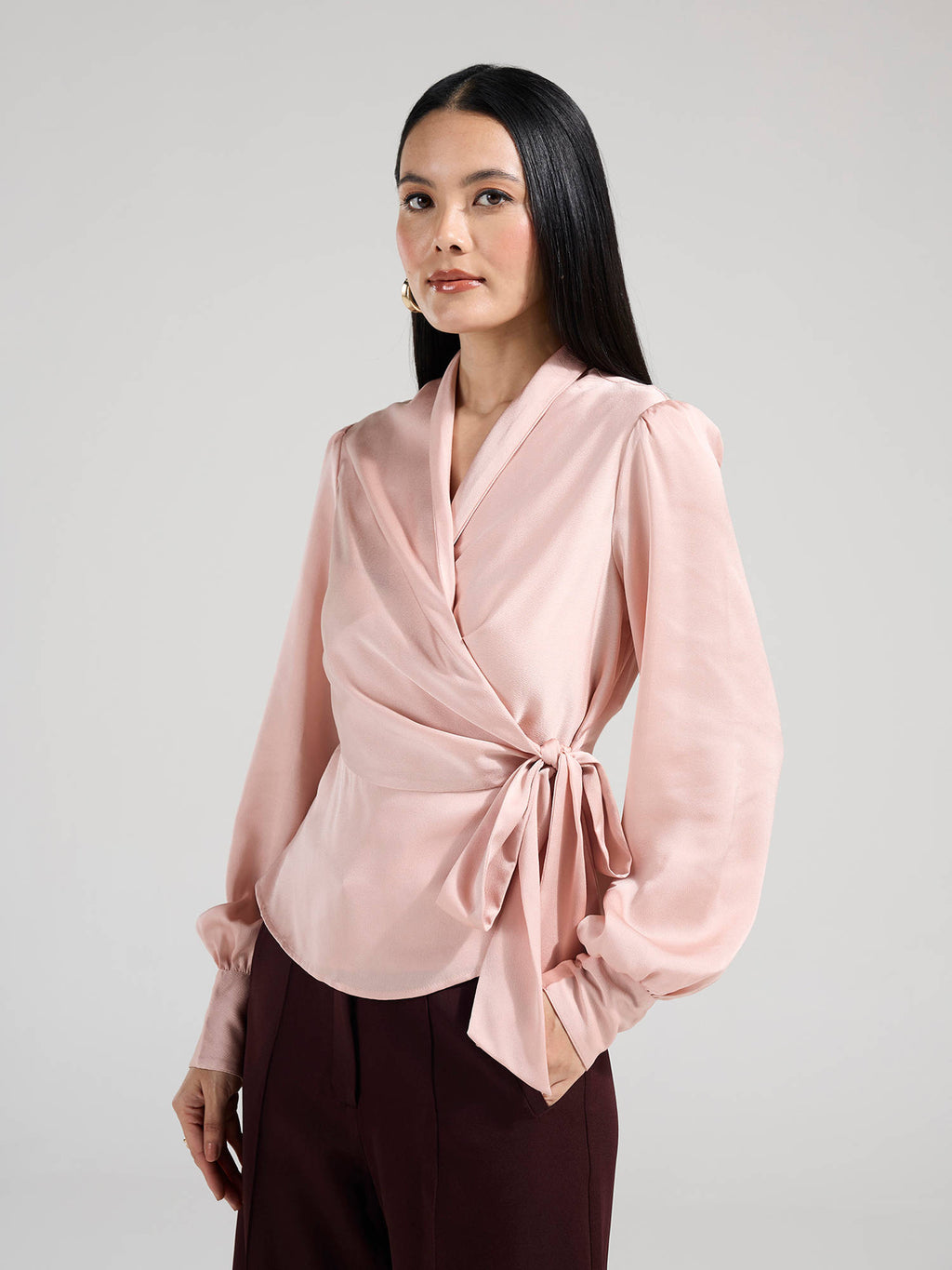 Blush Pink Wrap Neck Bishop Sleeves Peplum Top | pt51 - view 3