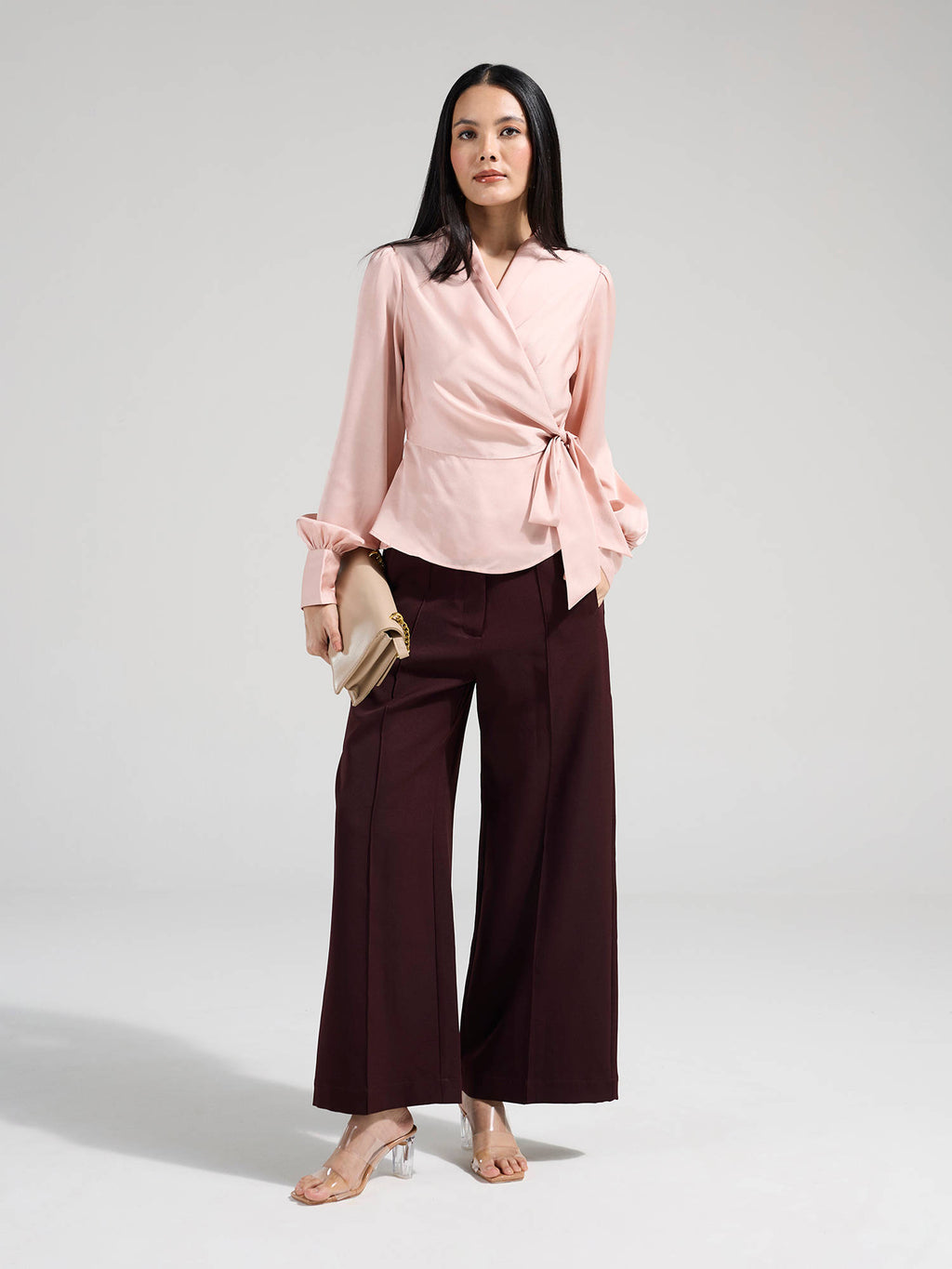 Blush Pink Wrap Neck Bishop Sleeves Peplum Top | pt51 - view 4