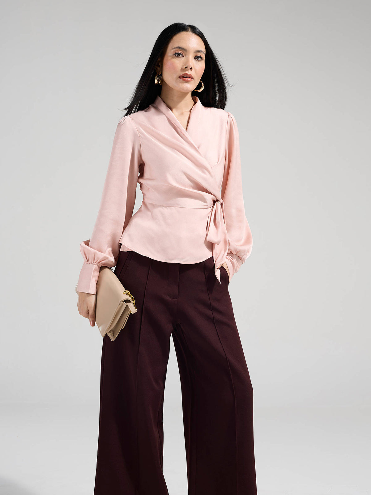 Blush Pink Wrap Neck Bishop Sleeves Peplum Top | pt51 - view 5