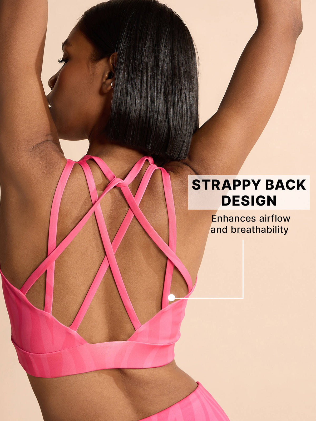 Mid-Impact Strappy Sports Bra with Removable Pads in KICASKN™ Fabric KIC102-Pink Printed | sb09 - view 3