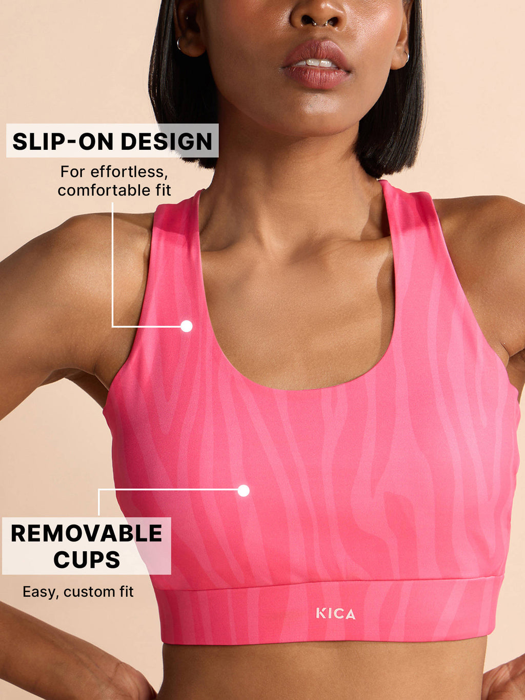 Mid-Impact Strappy Sports Bra with Removable Pads in KICASKN™ Fabric KIC102-Pink Printed | sb09 - view 4