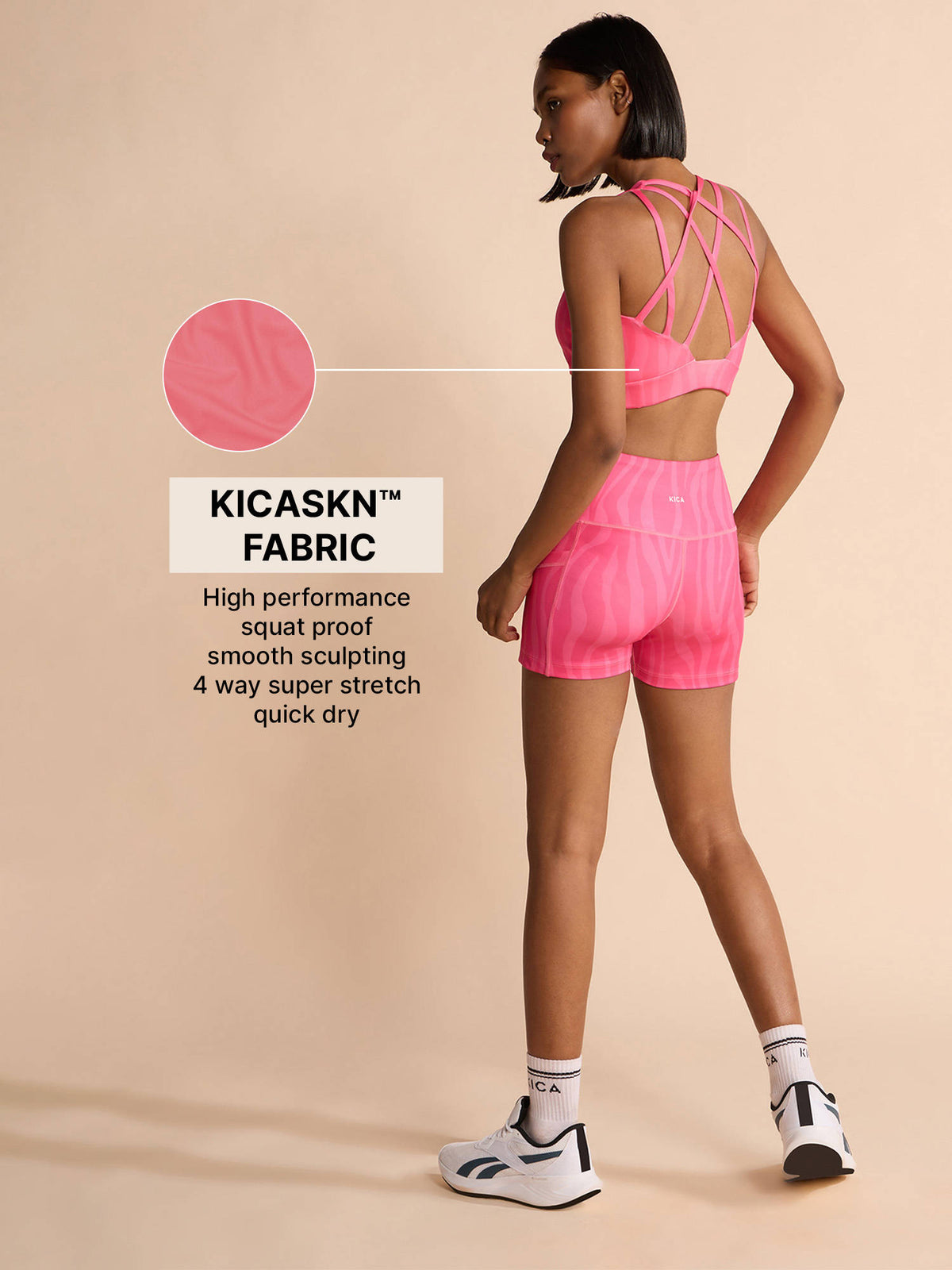 Mid-Impact Strappy Sports Bra with Removable Pads in KICASKN™ Fabric KIC102-Pink Printed | sb09 - view 6
