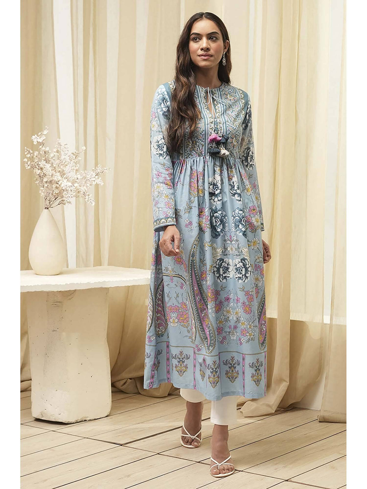 Women Dull Blue Cotton Floral Printed Flared Kurta | KDG - view 1