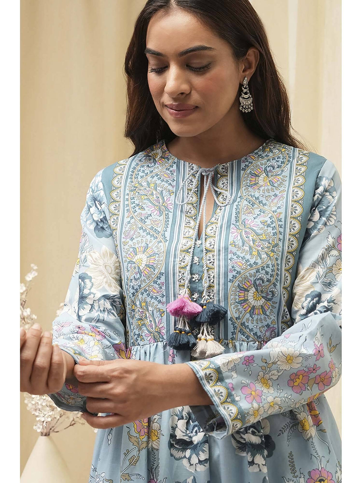 Women Dull Blue Cotton Floral Printed Flared Kurta | KDG - view 2