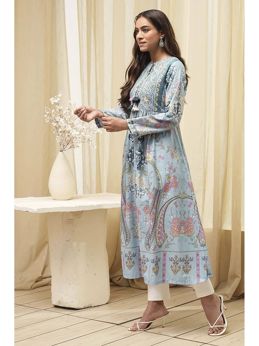 Women Dull Blue Cotton Floral Printed Flared Kurta | KDG - view 3