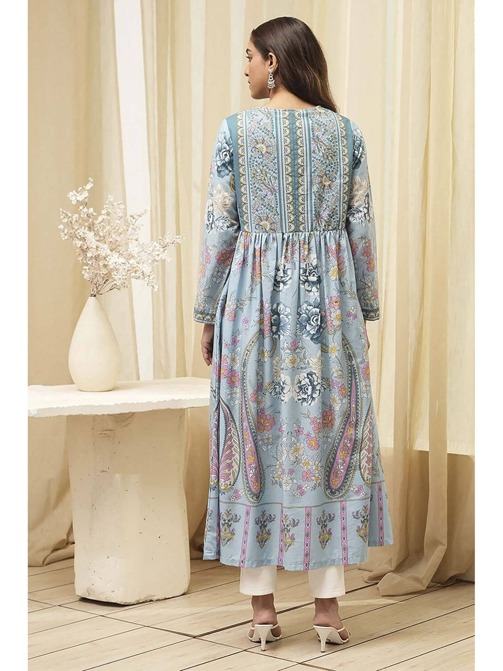 Women Dull Blue Cotton Floral Printed Flared Kurta | KDG - view 4