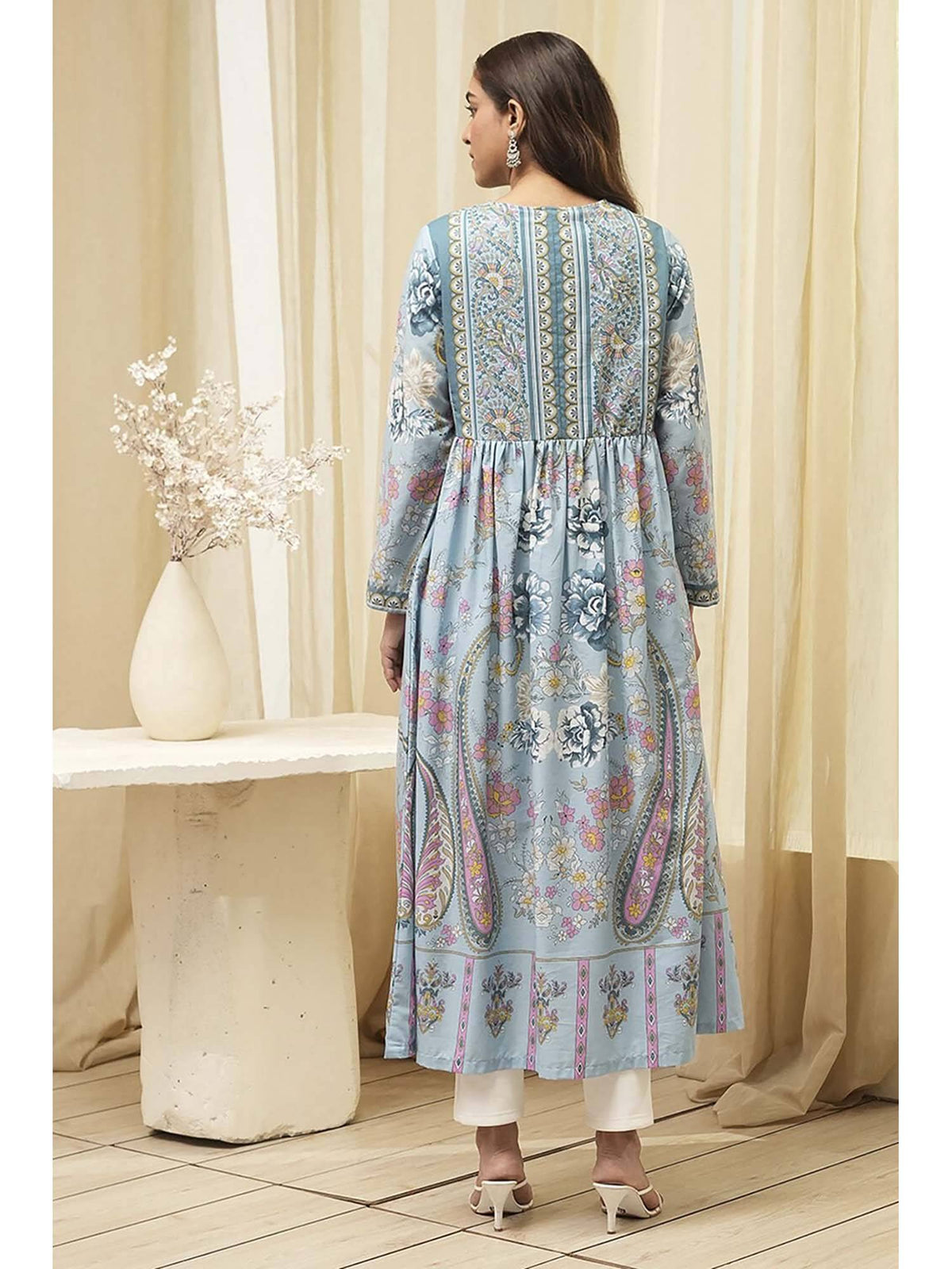 Women Dull Blue Cotton Floral Printed Flared Kurta | KDG - view 4